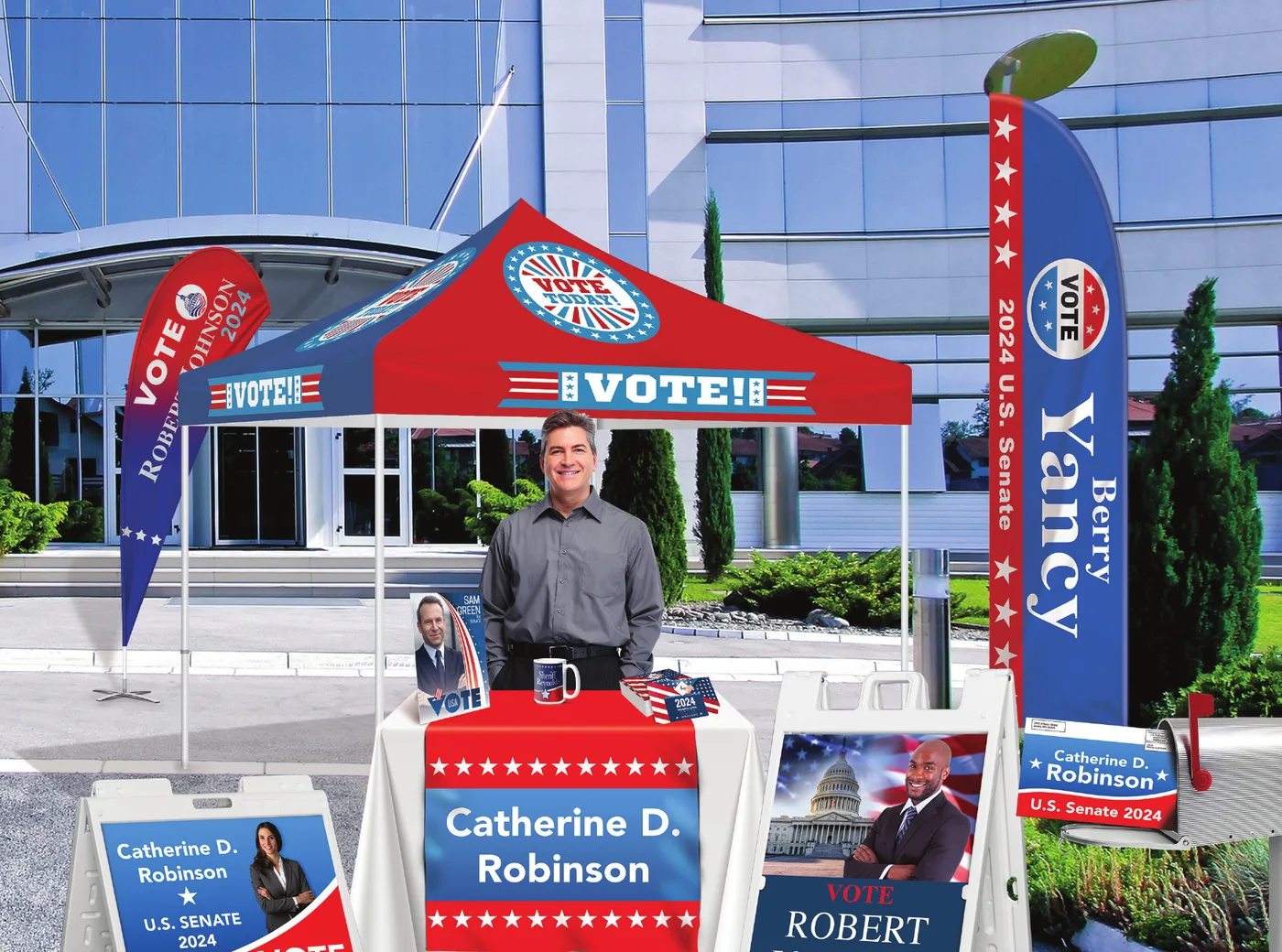 Campaign event setup with a printed tent, feather flag, table throw, A-frame sidewalk signs, and handout materials