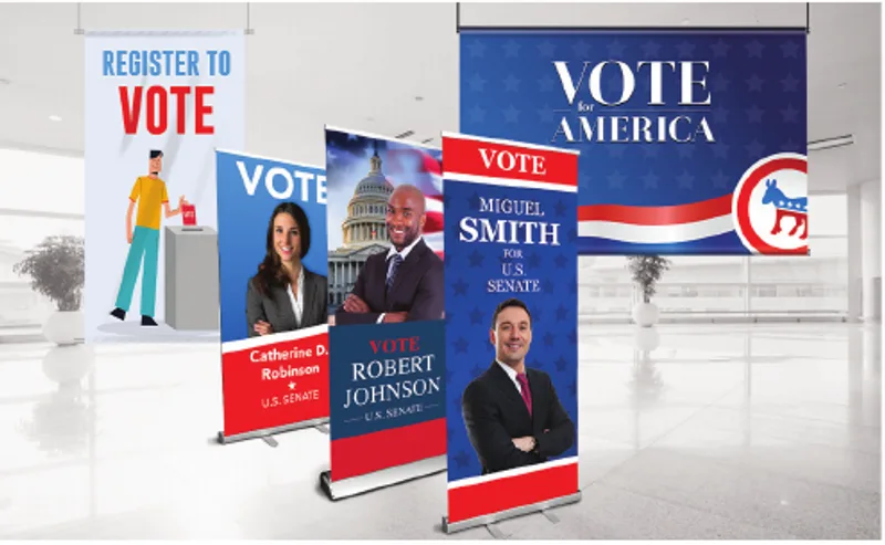 Retractable banner stands with sample campaign designs